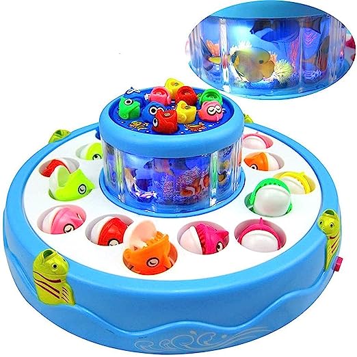  Fish Catching Game with 26 Piece Fishes, 2 Rotary Ponds and 4 Pods with Music and Light Function (Multicolour)