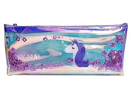 Multipurpose Transparent, Holographic & Hardtop Type Pencil Pouch/Case with Filled Sequin Water unicorn