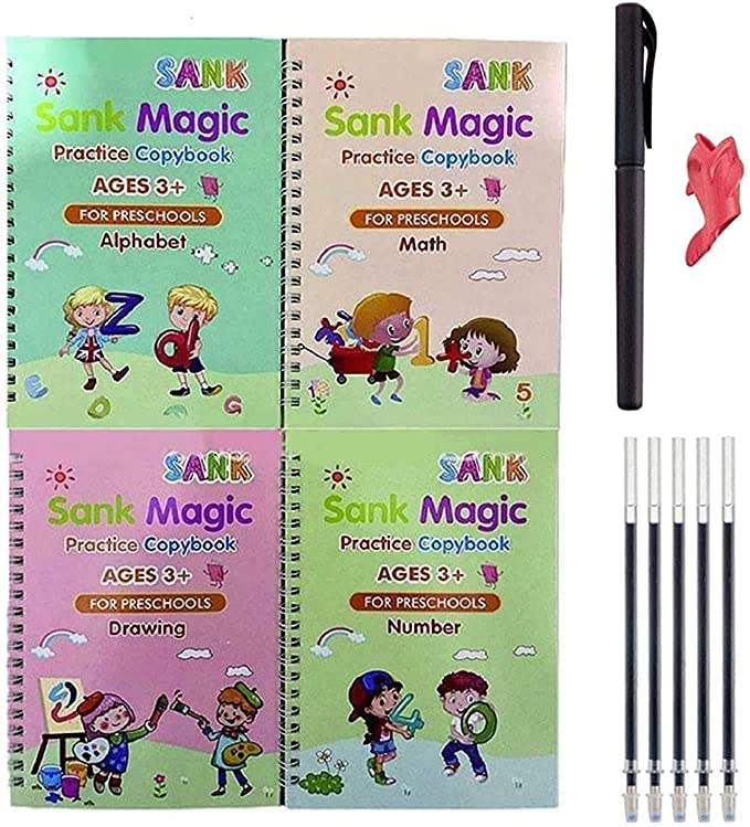Magic Practice Copybook, (4 Book + 05 Refill+1 Gripper) Number Sank Book for Preschoolers with Pen, Magic Calligraphy Copybook Set Practical Reusable Writing Tool