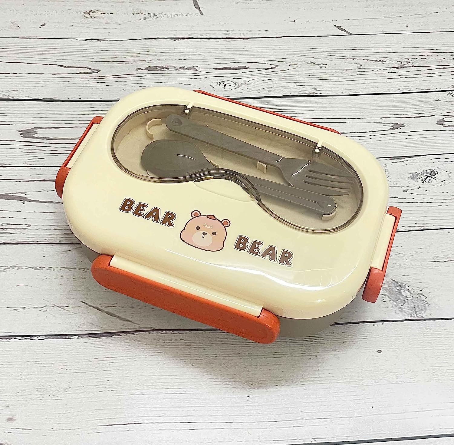 Bear Lunch Box, 3 Compartment Lunch Box, 900 ML Lunch Box for School, Lunch Box with Spoon and Fork