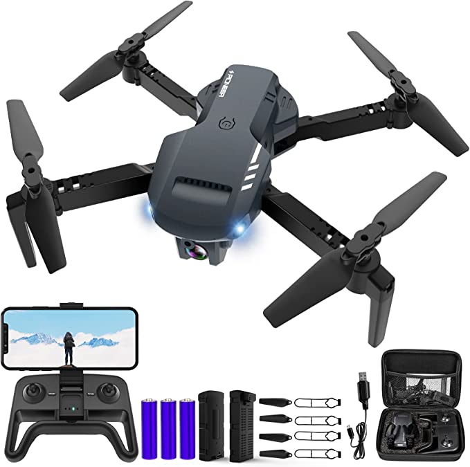 Drone with Camera -FPV Foldable Drone, 2 Batteries, 90° Adjustable Lens, One Key Take Off/Land, Altitude Hold, 360° Flip, Toys Gifts for Kids, Adults, beginners, Remote Controlled, Black