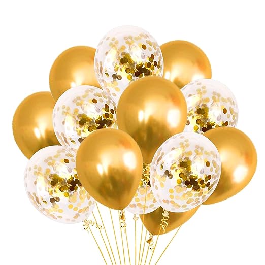 HD Metallic Balloons and Confetti Golden Balloons  Party Decoration (Pack of 10) (Golden + Confetti)